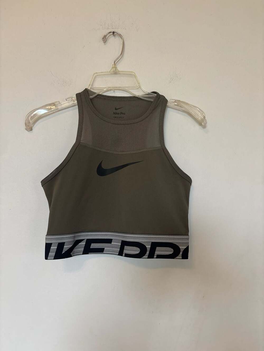 Nike Pro Dri-FIT High-Neck Mesh Crop Tank Top Olive Green Size S